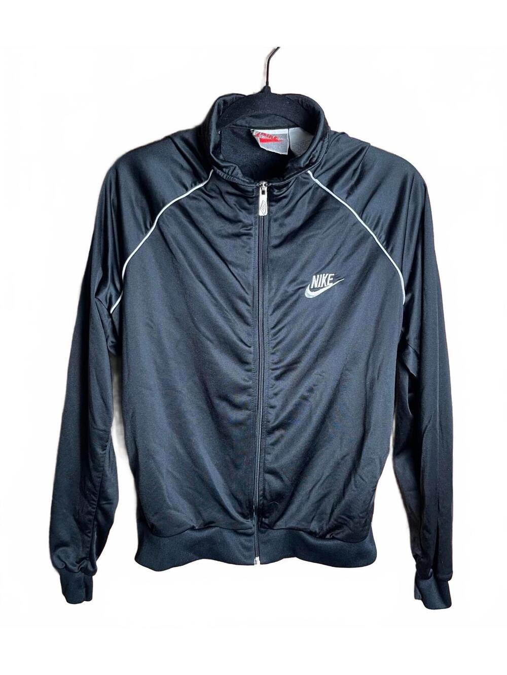Vintage Grey Tag Nike Black Polyester Track Jacket Men's Large Late 1980s
